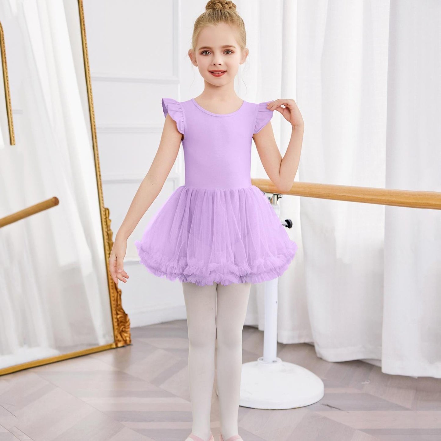 Girls' Ballet Tutu Dance Dress with Cross-Back Design & Ruffled Sleeves - White A-Line Leotard for Ballet, Gymnastics, Recitals - All-Season Comfort, Round Neck, Solid Color, Ballet Dress, Gymnastics Attire, Elegant Dancewear