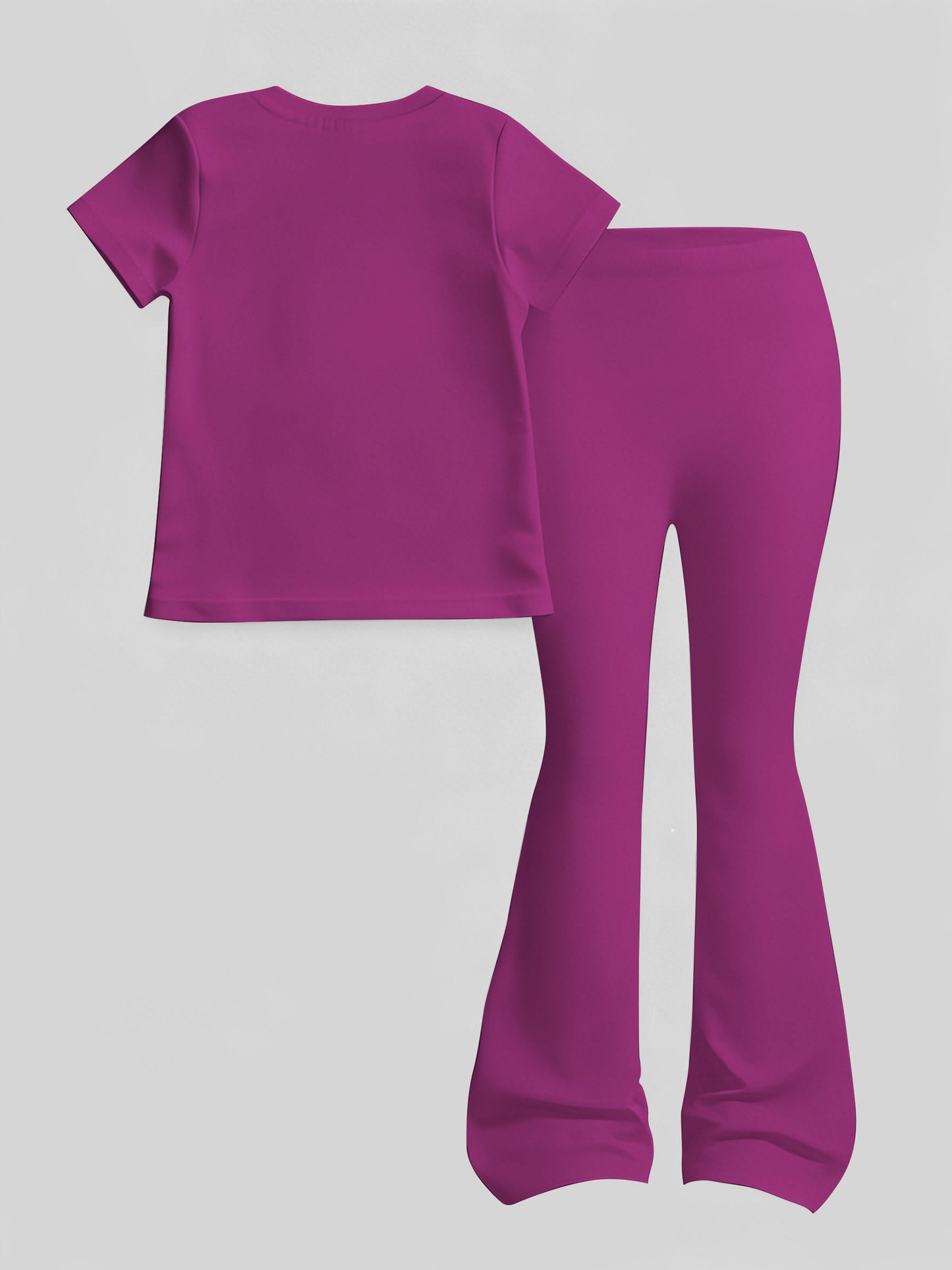 Girls' Magenta Outfit: Number 67 Dripping Dessert Print Short-Sleeve Top+ Flared Pants, Sweet Fun Casual 2pcs Set, Comfortable Breathable Summer Kids' Clothing, Perfect for Outdoor