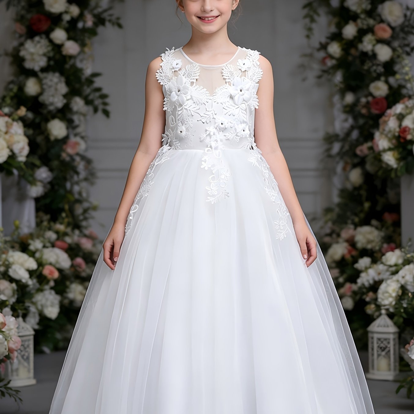 Girls Luxury Princess Dress With 3D Floral Lace Embroidery