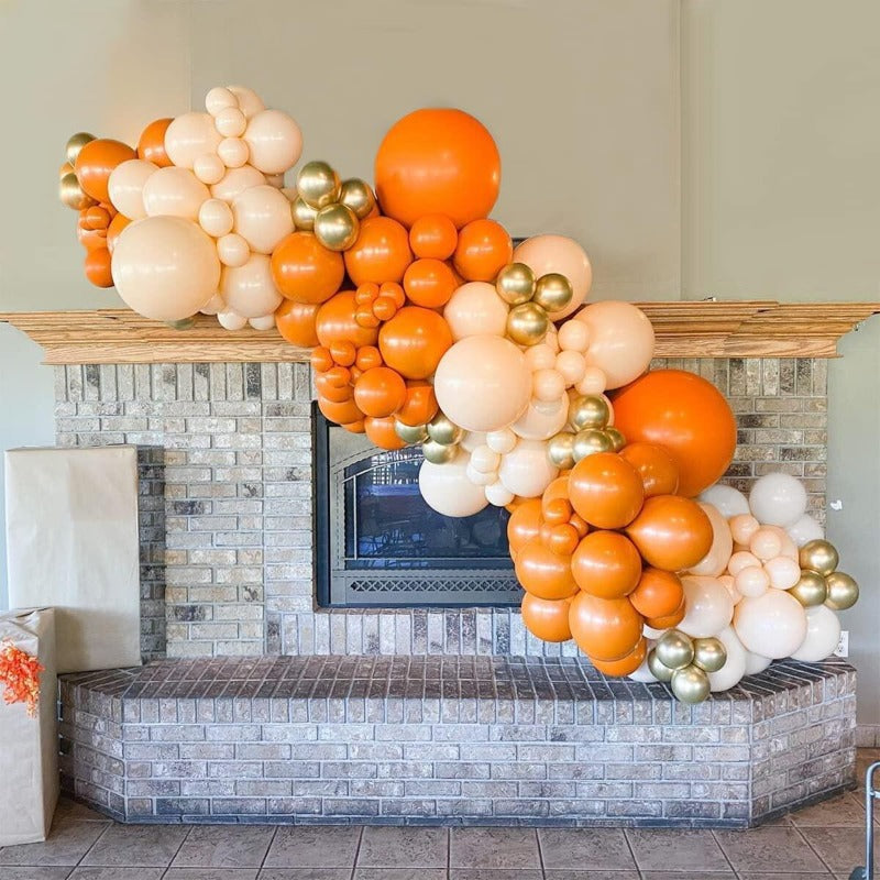 Complete Orange Balloon Arch & Chain Decoration Kit with Helium-Ready Balloons, Golden-Tipped Tips & Green Foliage-like Garland - Party Backdrop for Birthdays, Weddings,, New Year (No Helium Tank)