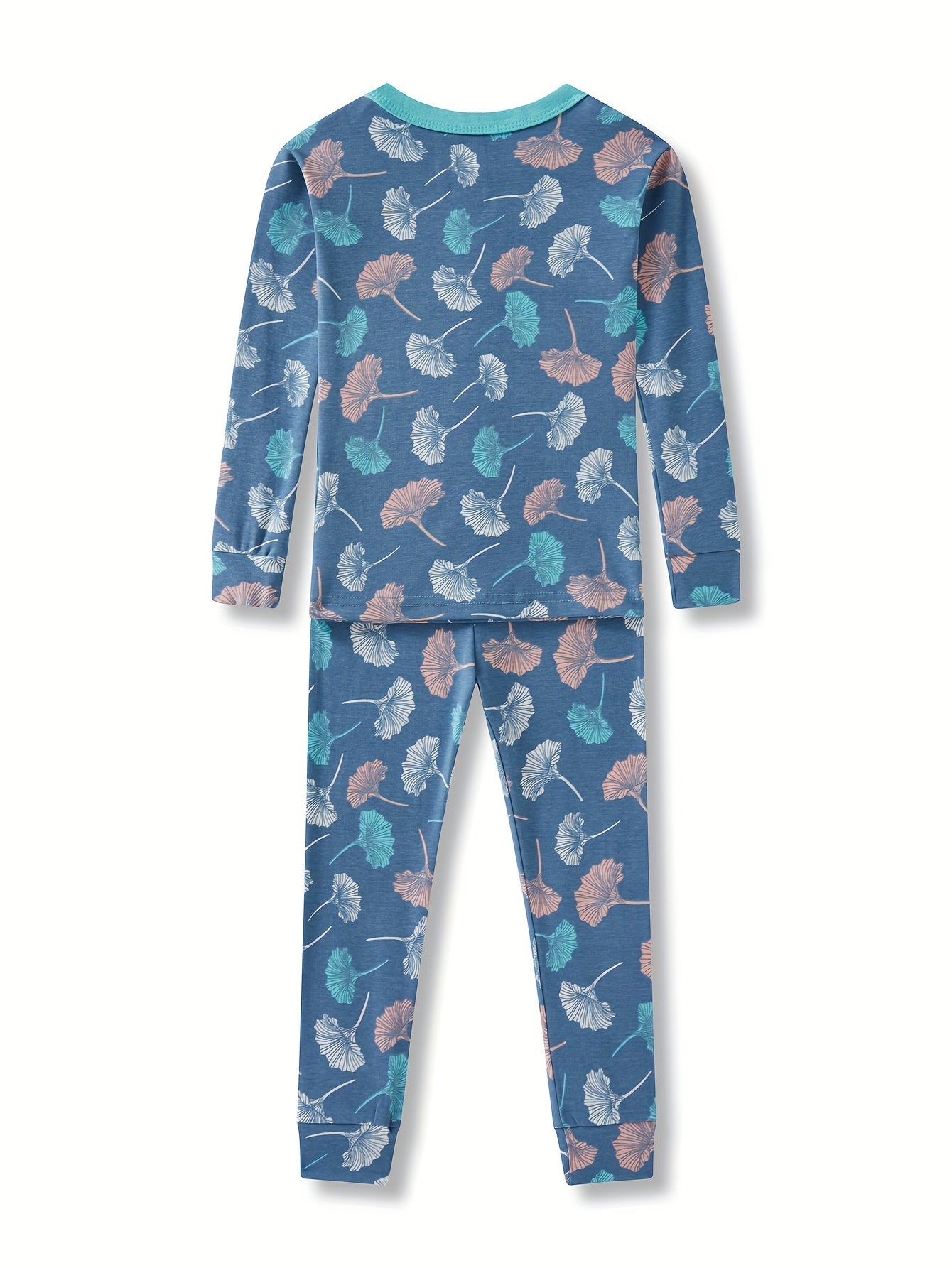 Cute Blue Cartoon Pajama Set for Girls Aged 2-8, Featuring Long Sleeves And Pants, Perfect for Home Wear And Comfortable for Spring, Summer, And Autumn with Random Floral Prints.