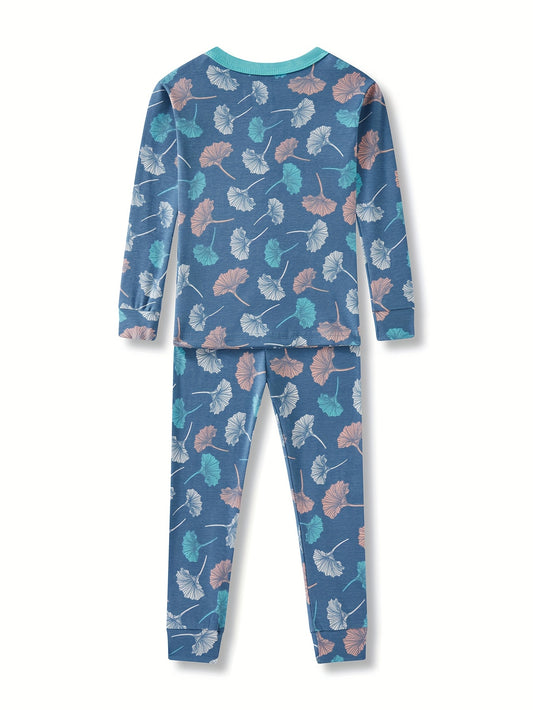 Cute Blue Cartoon Pajama Set for Girls Aged 2-8, Featuring Long Sleeves And Pants, Perfect for Home Wear And Comfortable for Spring, Summer, And Autumn with Random Floral Prints.