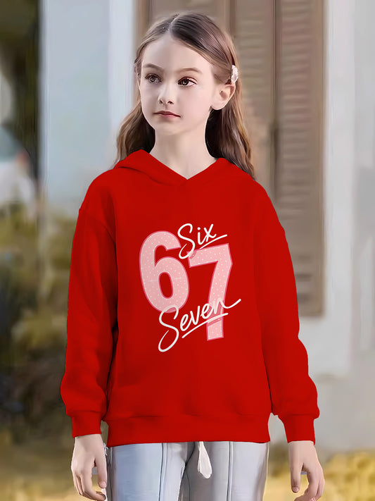 Red Base Polka Dot Number 67 Art Font Print Skin-Friendly Kids Fashion Hoodie | Casual Streetwear, All Season Suitable, Perfect Birthday Gift for Girls