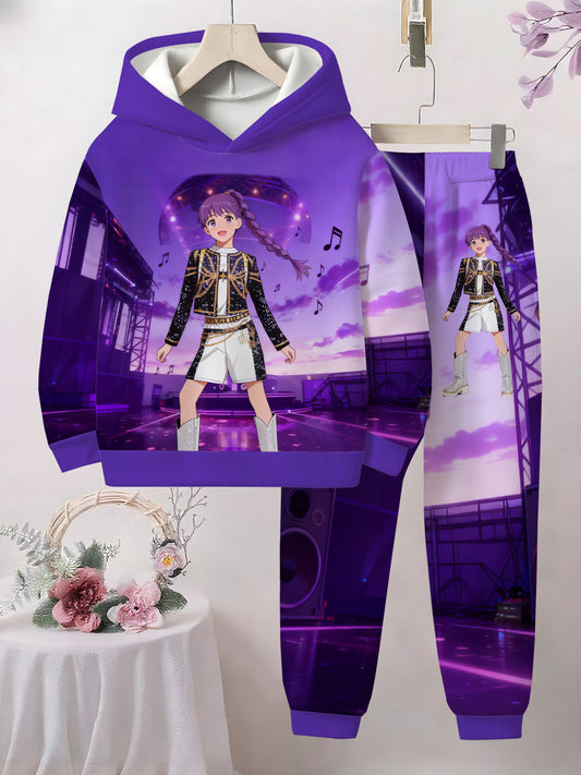 Girls' Dazzling Purple Stage Style Hoodie Set, Dazzling Purple Full Printed Double Braid Girls' Music Stage Pattern Eye Catching, Light Beige Friendly and Comfortable, Hooded Warmth, Fashionable and Worry Free, Helping Girls