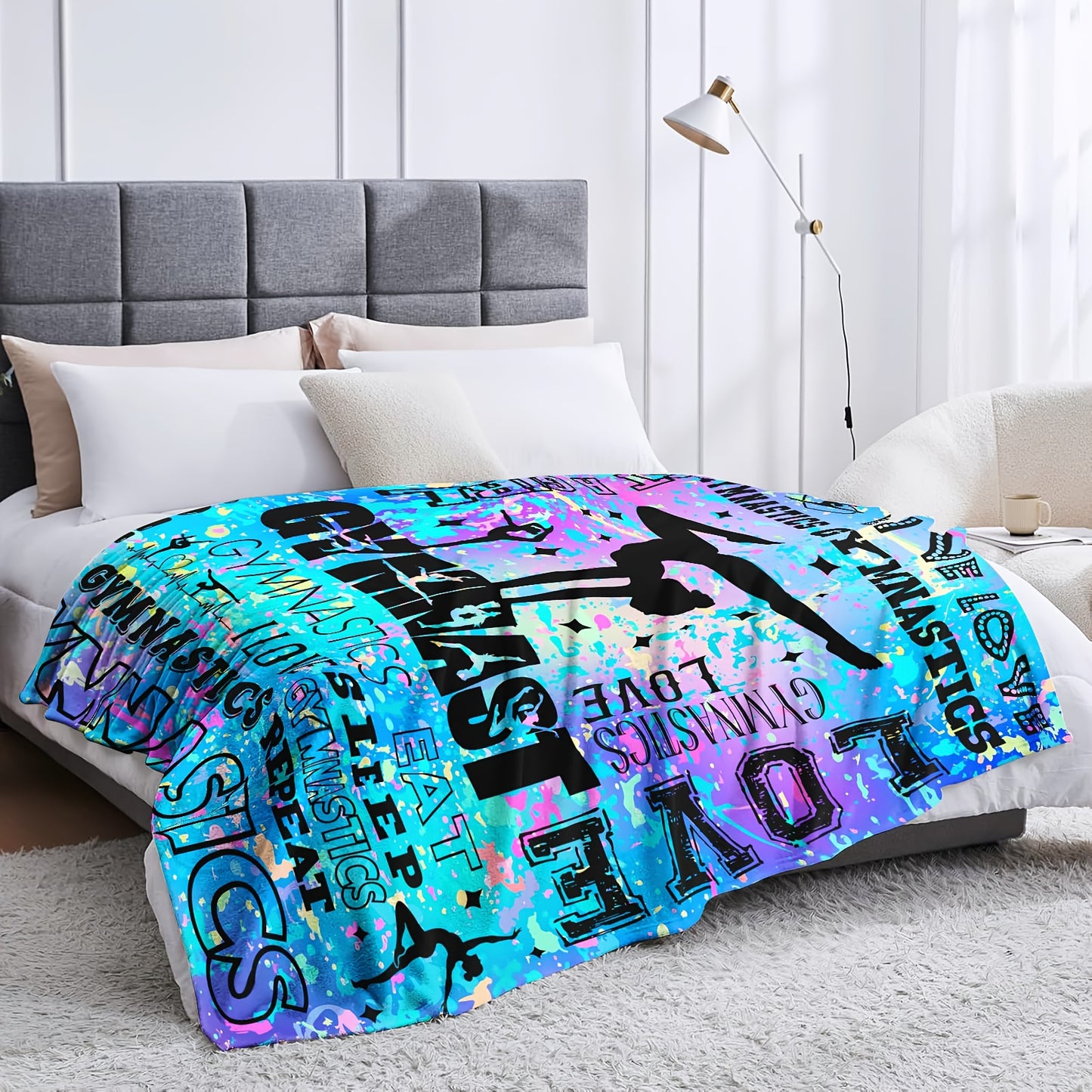 1pc Gymnastics-Themed Flannel Blanket | Soft All-Season Bedspread with Gymnast Silhouettes, Bars & Beam Design, Exercise Patterns - Ideal Gift for Gymnasts, Coaches, Fans, Available in Blue, Pink, Purple | Polyester, Machine