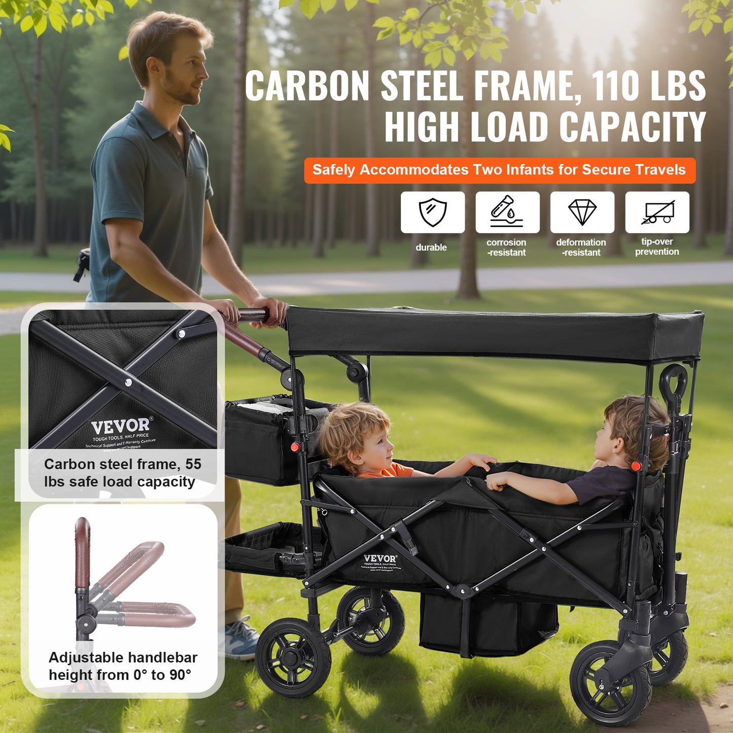 VEVOR Tandem Stroller For 2 Kids Adjustable Handle Canopy