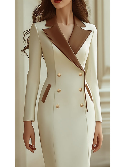 Cream Hued Double Breasted Dress With Mid Length Contrasting Collar Color Block Design Retro Chic Office Wear For Spring Or Fall