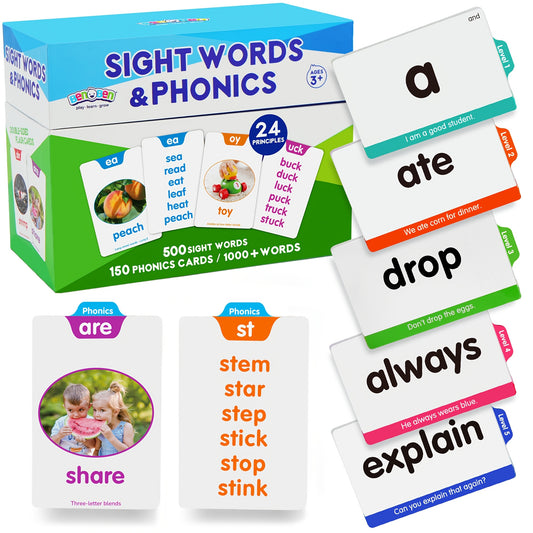 BenBen 500 Sight Words & 150 Phonics Flash Cards/1000+ Words, Learn to Read CVC, Blends, Long Vowel Words Sounds, Dolch & Fry High Frequency Sight Words for Pre - Primer Kindergarten 1st 2nd 3rd Grade Kids Ages 3-9, 24 Phonic