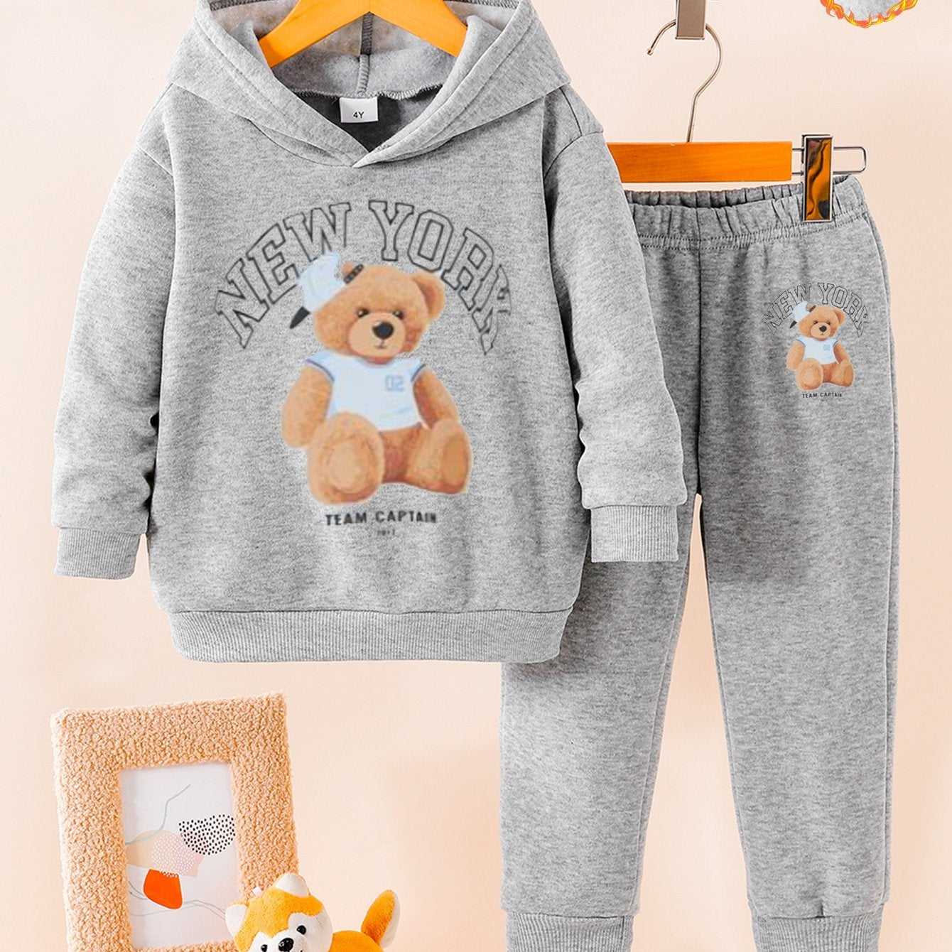 Toddler Girl Love Bear Print Hoodie Set, Autumn/ Winter, for Outdoor