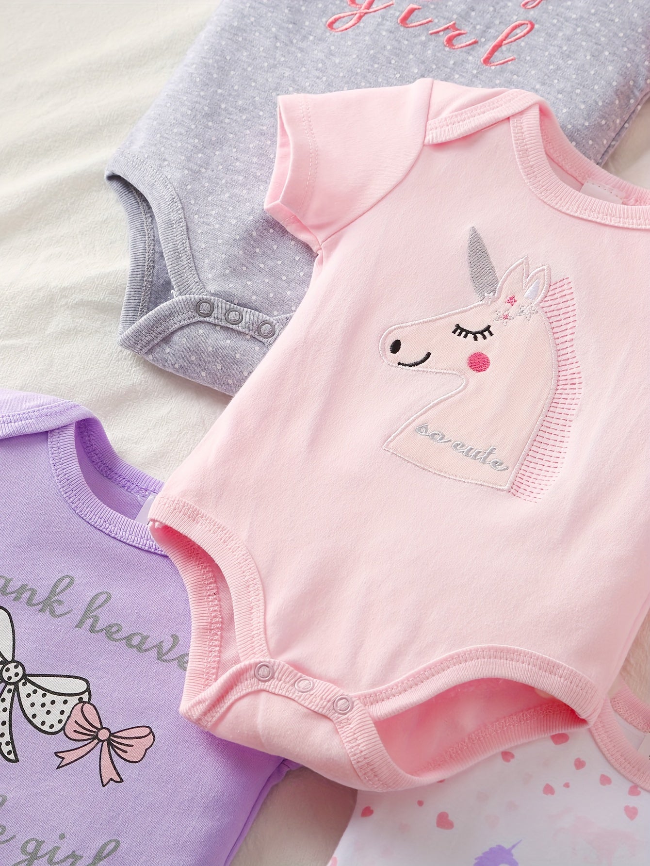 5 Piece Set Baby Girl Cartoon Triangle Onesie Crawling Suit All Season Cotton Machine Washable Cute Outdoor Wear
