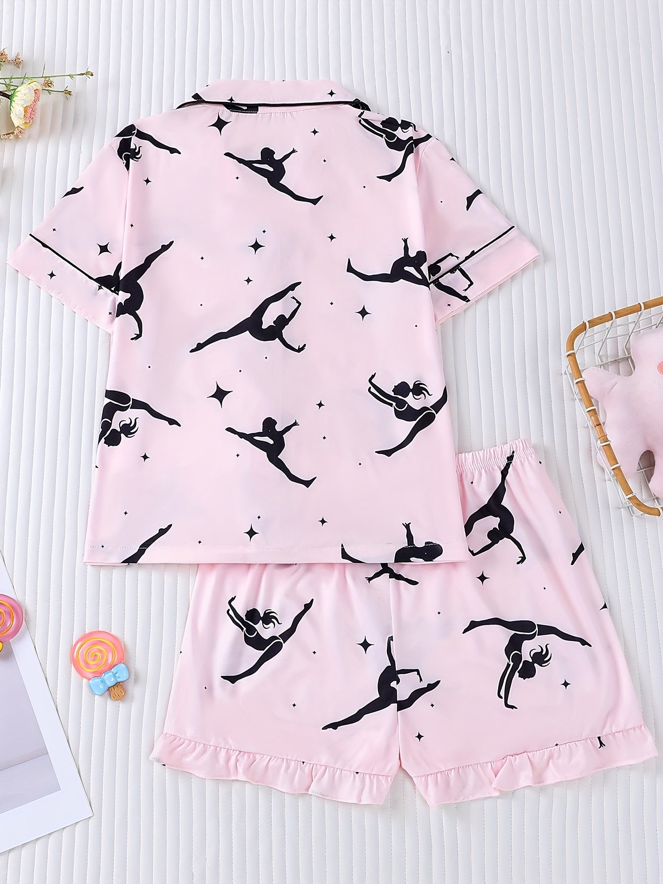 Girls' 2pcs sleeping suit with flame retardant short sleeves, new pink base, cartoon printed dance for little girls, comfortable casual medium and large's wear for parties., Sleepwear For Girls, Dance Party Wear, Short Sleeve
