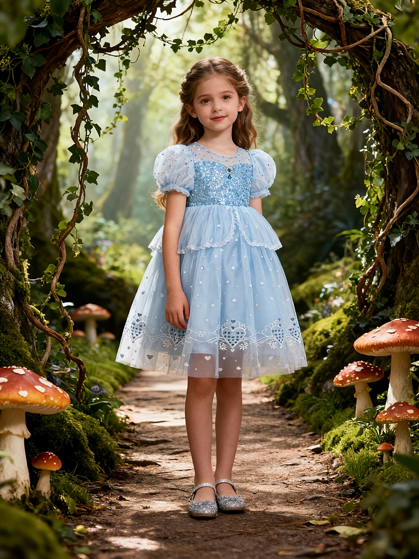 Woodland Ice Blue Kids' Princess Dress | Sequin Puff Sleeves, Heart Embroidery Tulle Puff Skirt, Elegant Non-Stretch Fabric, Perfect for Spring/Summer/Fall, Includes Cape for Birthday Catwalk & Party Gatherings