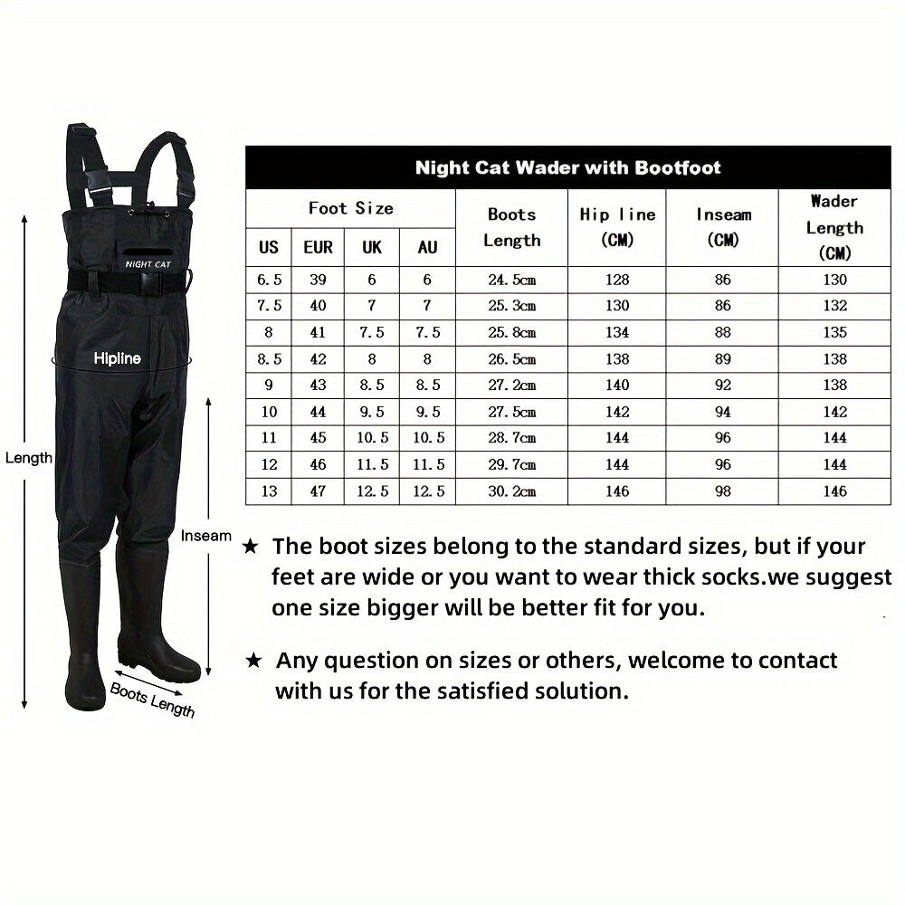 Unisex Nylon Fishing Waders for Men And Women, Featuring PVC Boots, an Adjustable Waist Belt, And a Lightweight, Breathable Design. Available in Black, Sizes 6.5 to 13.