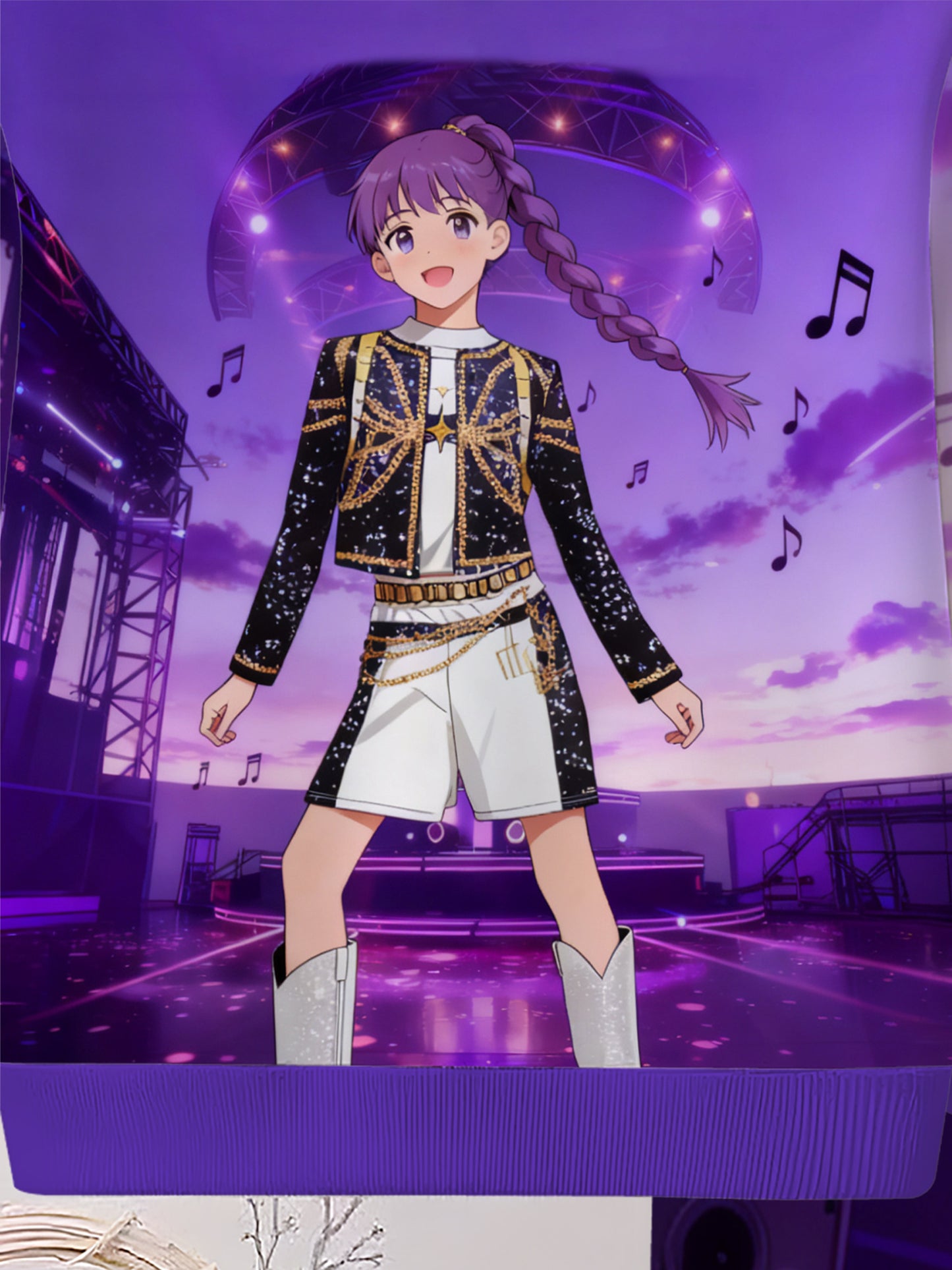 Girls' Dazzling Purple Stage Style Hoodie Set, Dazzling Purple Full Printed Double Braid Girls' Music Stage Pattern Eye Catching, Light Beige Friendly and Comfortable, Hooded Warmth, Fashionable and Worry Free, Helping Girls