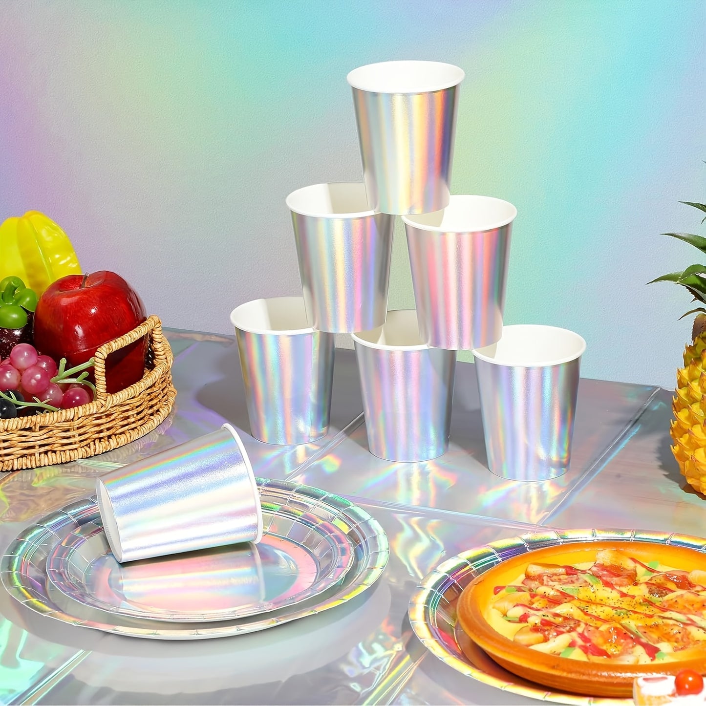 140 Pieces Holographic Iridescent Party Supplies Complete Set for 20 Guests Disposable Plates Cups Napkins Cutlery