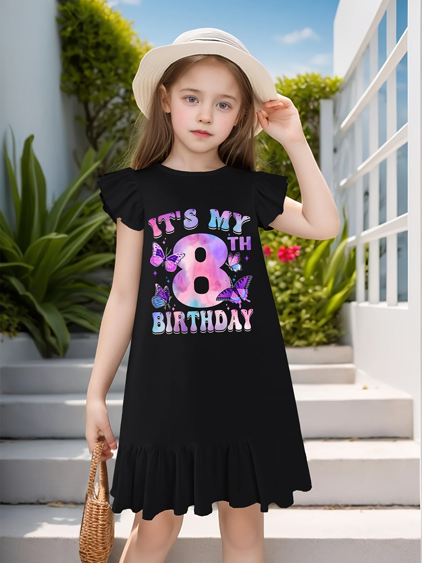 It's My 8th Birthday Butterfly Theme 8 Year Old Party Girl Dress with Flutter Sleeves - Sleeveless Dress for Girl Kid