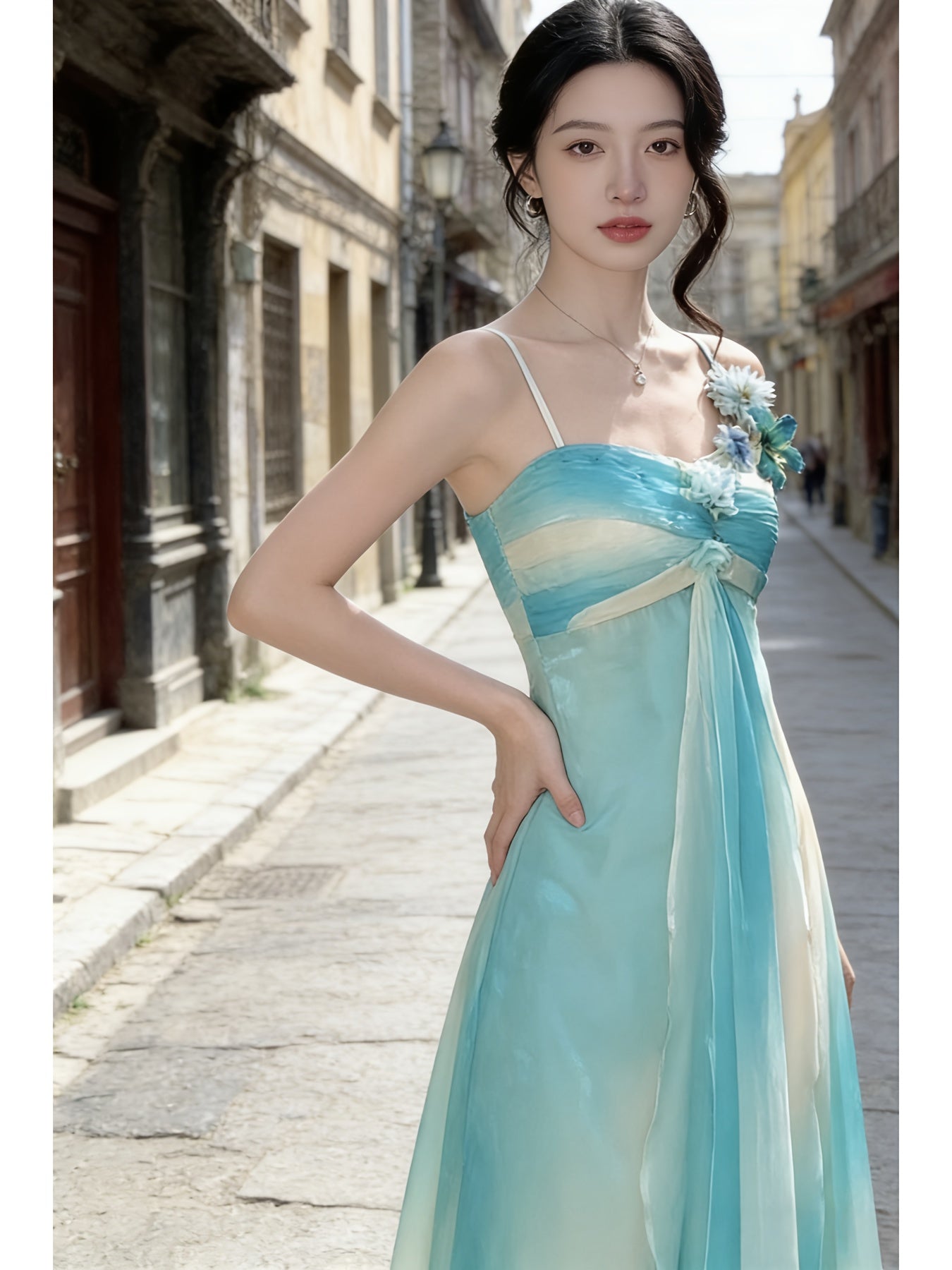 Dopamine Stunning Design Seaside Vacation Style Camisole Dress for Women | Summer Waist-Tightening Fairy Long Dress, Elegant Off the Shoulder, Solid Color, Perfect for Adult