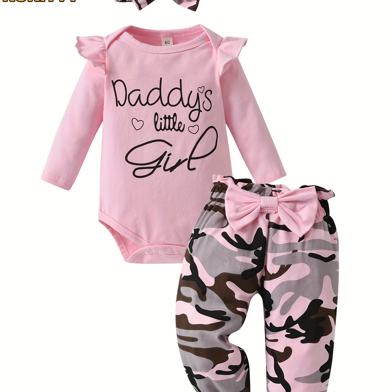 KuKitty Baby Girl Clothes Long Sleeve Ruffle "Daddy's Little Girl" Tops + Camouflage Bow Pants + Headband Newborn Infant Girls Outfits Set
