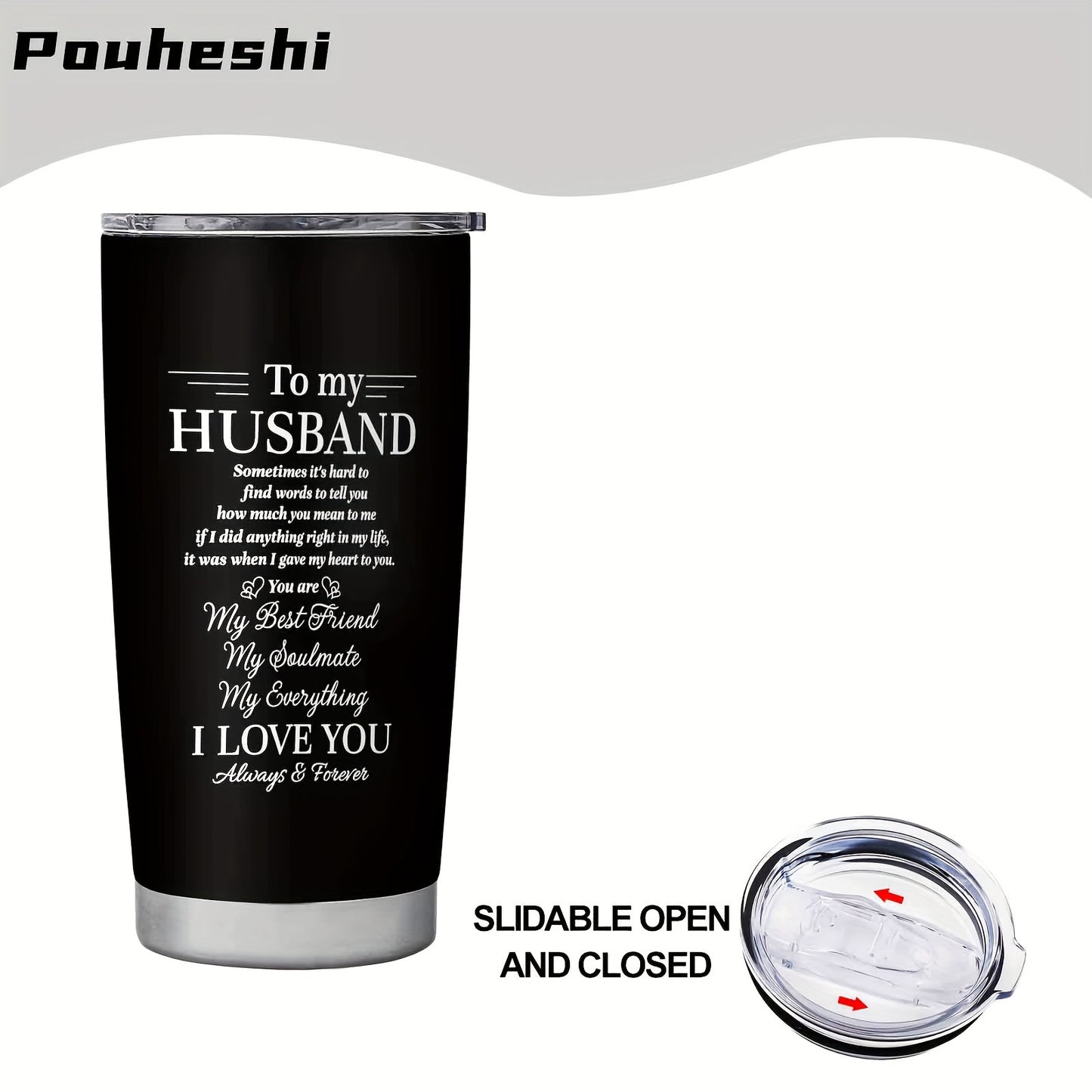 1pc 20oz Stainless Steel "to My Husband" Insulated Water Bottle with Sliding Lid & Straw - Double-Wall Vacuum Insulation, Leak-Proof, -Slip Grip, Message Engravable - Reusable Gift for Husband, Christmas, Anniversary, Valenti