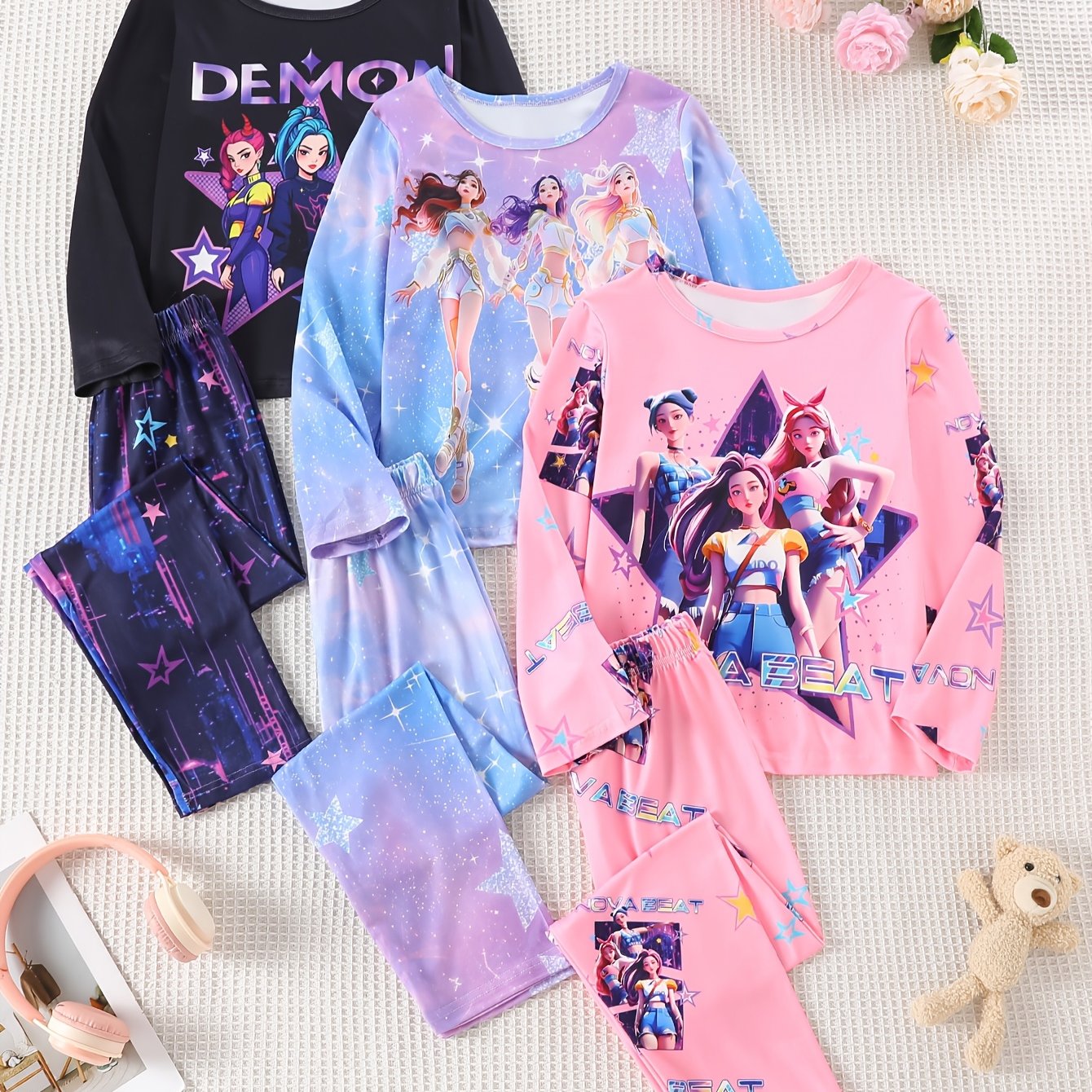 Girls Kpop Style Print Home Wear Set Crew Neck Short Sleeve T Shirt And Shorts