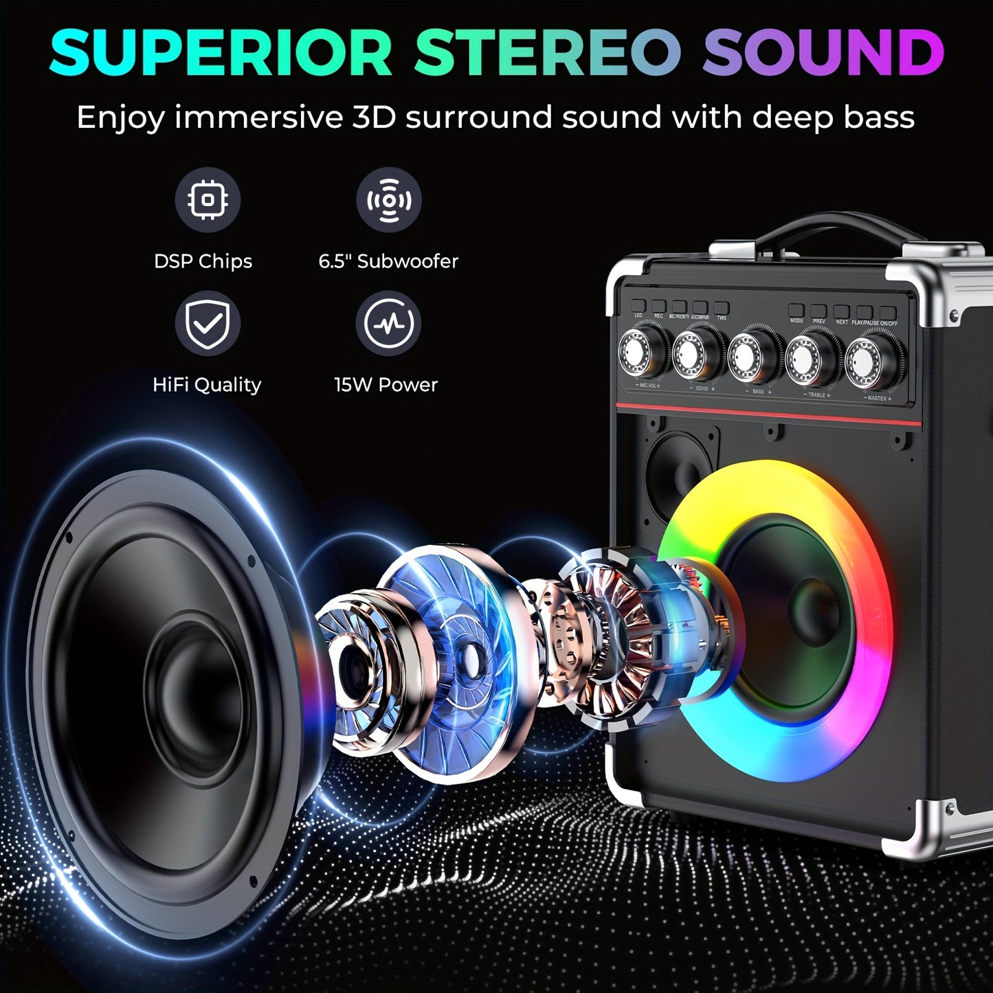 Karaoke Machine, with 2 Wireless Karaoke Microphones, Party Speaker with Bass/Treble Adjustment, DJ Lights, Portable Speaker for Home Party, Birthday, Gatherings, Christmas Gift