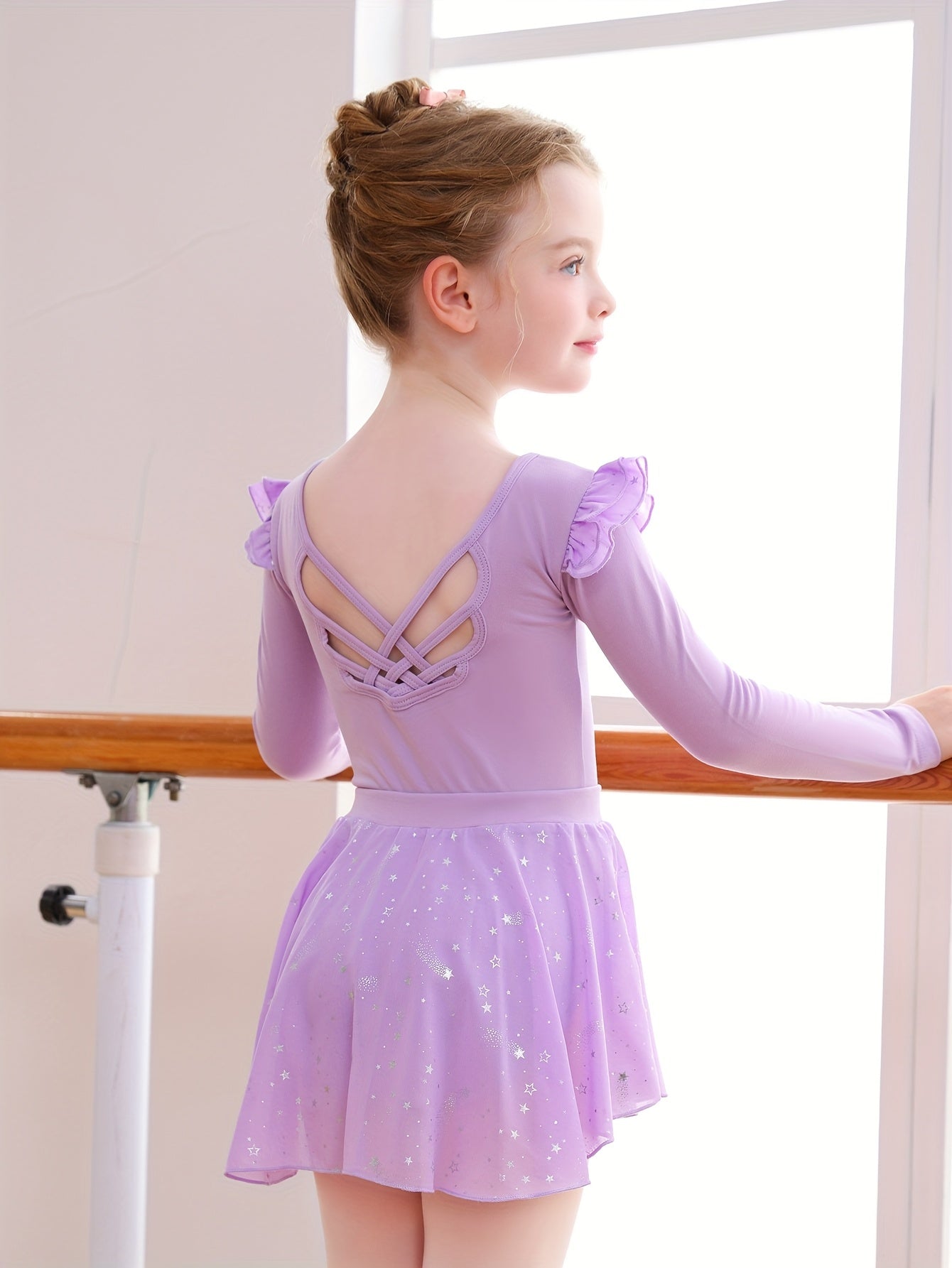 Christmas Gift Girls' Tight Bodysuit & Tulle Skirt Set - Detachable Long Sleeve Ruffle Crisscross Back Silvery Stars, Ballet Gymnastics Dance Outdoor Fall Clothing