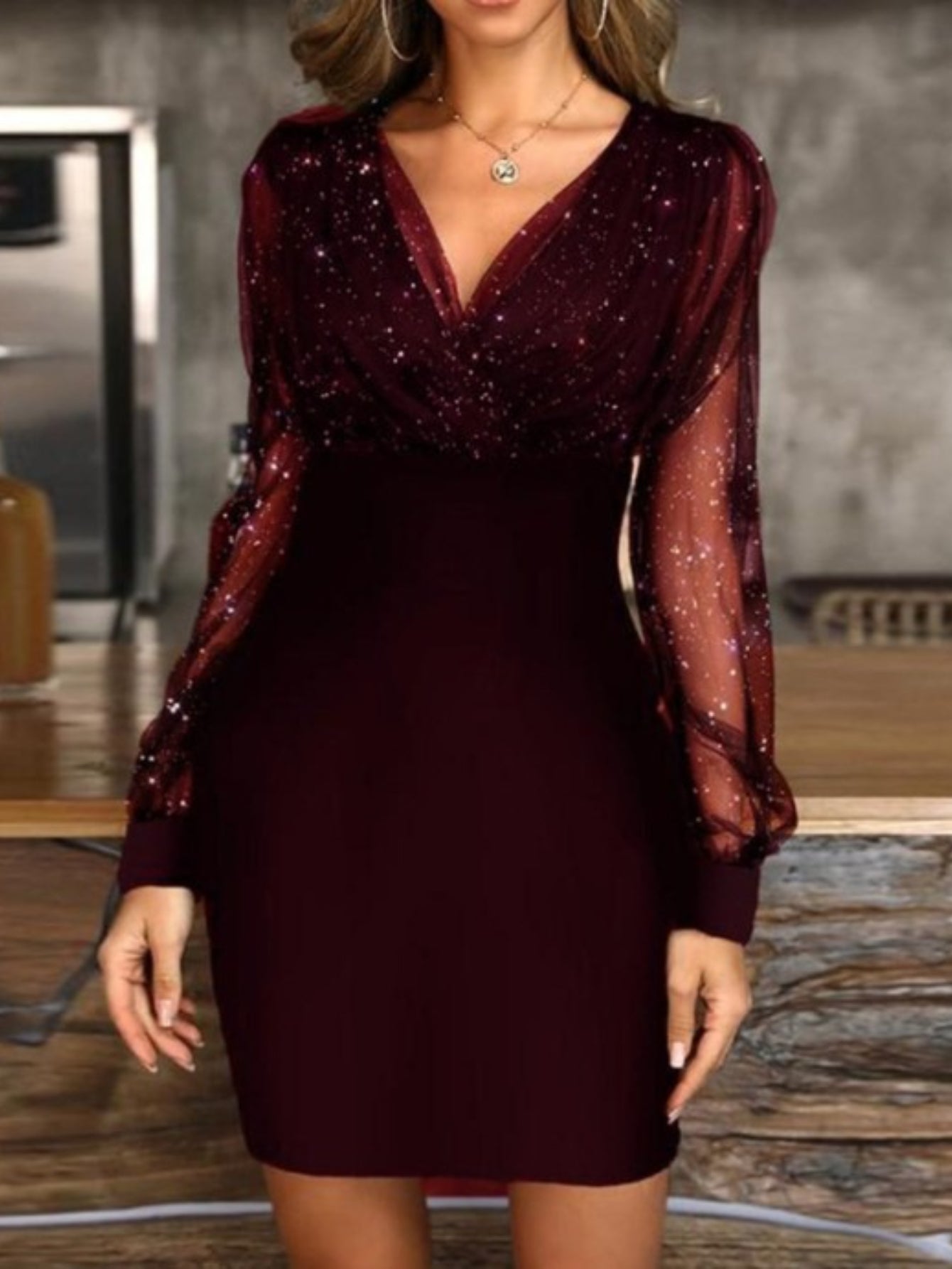 HERTALK Mesh V-Neck Sequin Dress, Slim-Fit And Sexy
