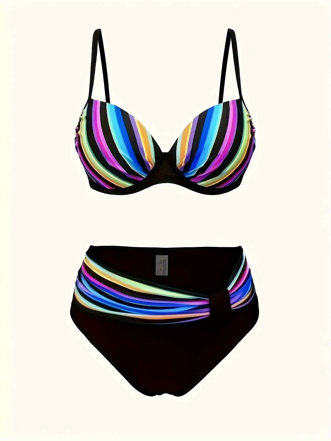Women'S Colorful Striped Bikini Set - Two-Piece Swimsuit with Ruffled Edges, Medium Stretch Fabric, Vibrant Pink, Blue, Yellow & Green Stripes, Perfect for Beach or Poolside, Beach Swimsuit|Playful Swimsuit|Stretchy Fabric