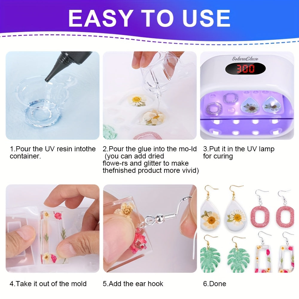 Clear Resin 240g with 2-Sided Light Molds - Curable Self- Resin Starter Kit for DIY Jewelry Making, Earring & Pendants - Compatible for Hobbyists & Beginners (No Additional Molds Needed)