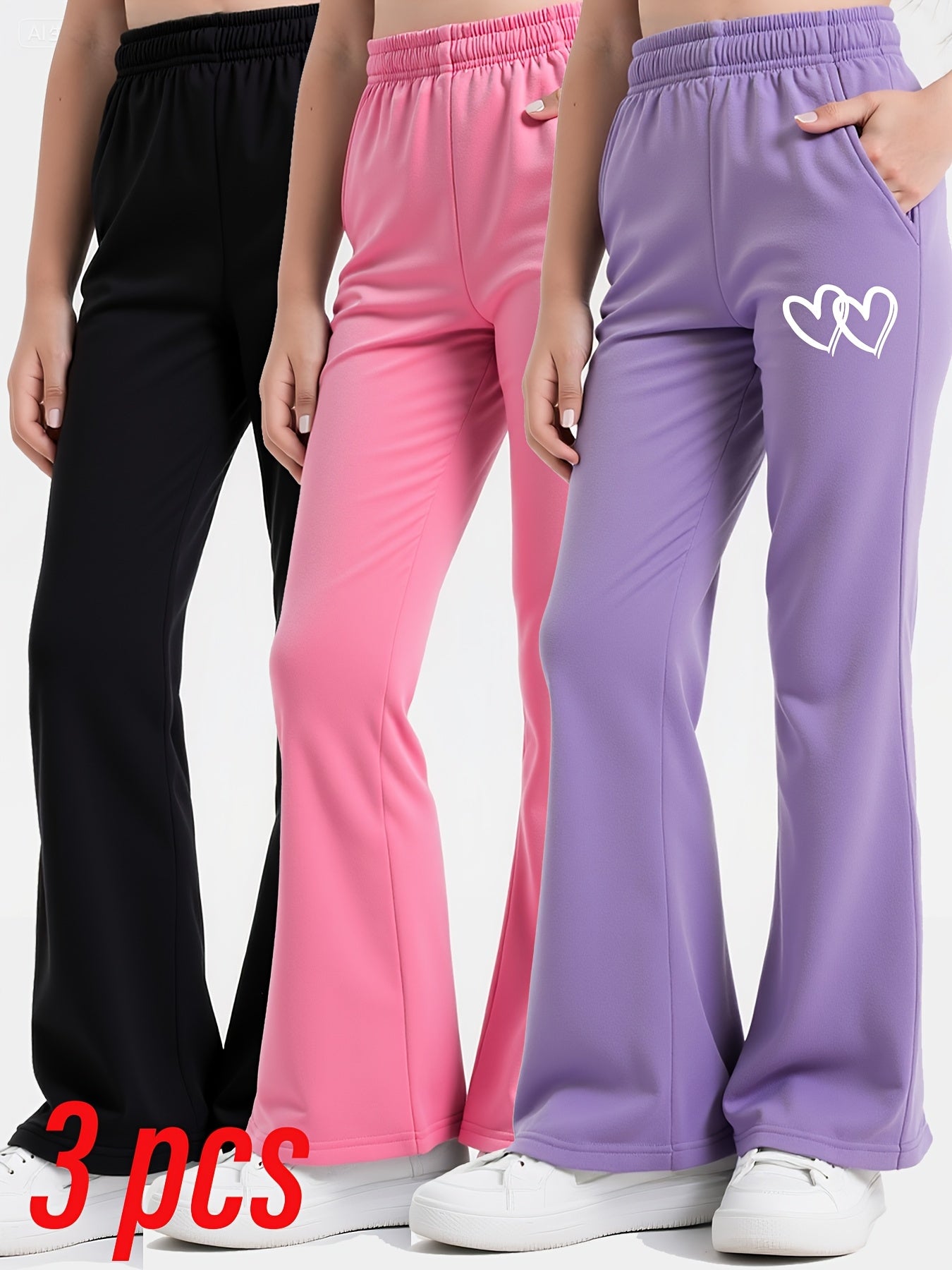 Three Piece Set Girls Flared Pants With Heart Design And Fleece Lining