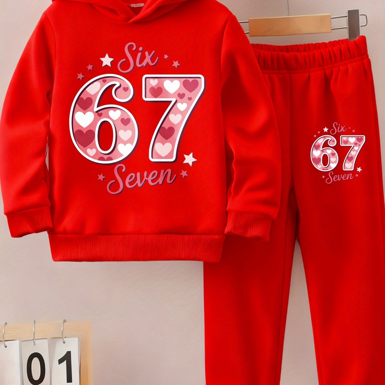 Girls Hoodie and Pants Set | Black Six 67 Seven Pink Heart Print Casual Outfit for Everyday Wear, Fall/Winter, Sweatshirt and Sweatpants, Long Sleeve, Medium Stretch Fabric, for Outdoor