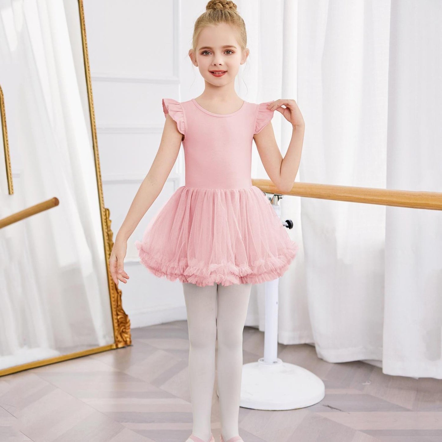 Girls' Ballet Tutu Dance Dress with Cross-Back Design & Ruffled Sleeves - White A-Line Leotard for Ballet, Gymnastics, Recitals - All-Season Comfort, Round Neck, Solid Color, Ballet Dress, Gymnastics Attire, Elegant Dancewear