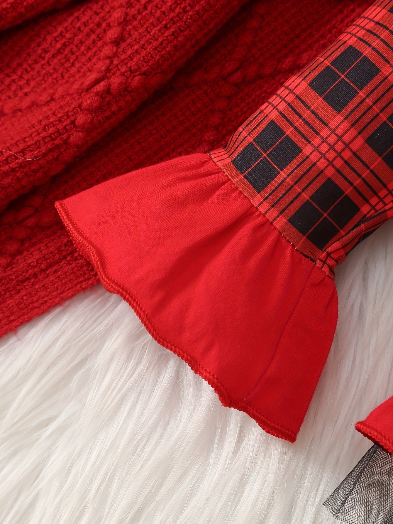 2pcs Baby 's Christmas Outfit Set - Red & Black Plaid Ruffled Sleeve Dress with Flared Bell-Bottoms & Bow Trim, Santa Claus Letter Embellished Top & Elastic Waist Pants for / (Machine Washable Holiday Party Costume), Perfect