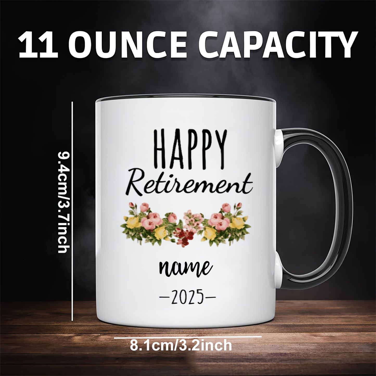 Personalized Retirement Mug - Custom Name & Year, Elegant Floral Design, Dishwasher-Safe Ceramic Cup - Perfect for Retirees, Christmas, Halloween, Thanksgiving Gifts - Ideal for Home, Office, or Coffee Bar - Exclusive Coffee