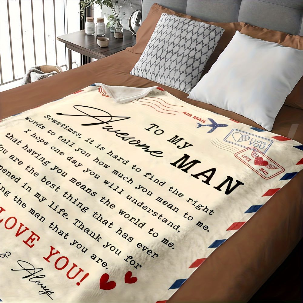 1pc to My Awesome for man Couples Blanket | Extra Long 5x8ft Flannel Bedspread - Romantic Gift for Husband, Boyfriend, Dad - Soft Beige & Red Love Notes - All-Season Keepsake - Ideal for Anniversary, Birthday, Valentine'S - H
