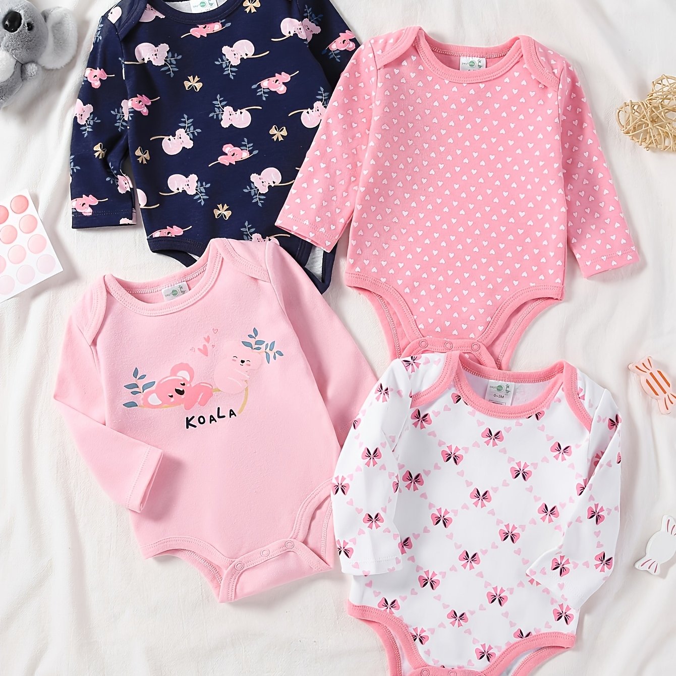 4pcs Baby Girl Long Sleeve Romper Set - Pink Koala & Animal Print Jumpsuits, All-Season Soft Crawling Outfits, Snap-Fit Bodysuits ( to 236.22inch), Machine Washable Clothes for, Perfect for Outdoor