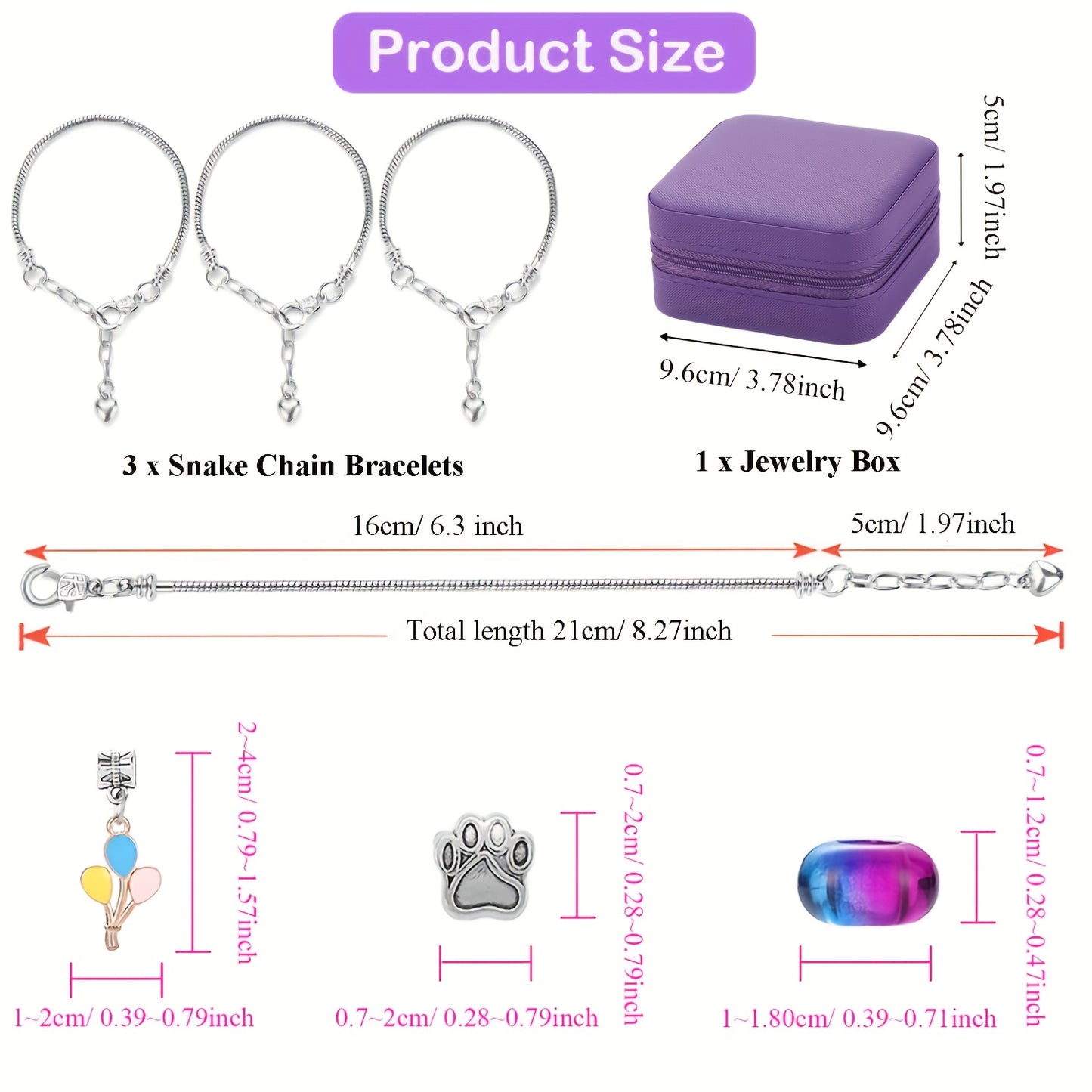 68 Piece Purple Bracelet Making Kit With Beads Heart Pendants Cupcakes Butterflies Star Buckles Elastic Ropes
