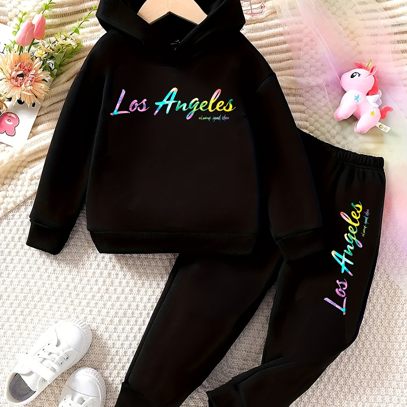 Toddler Girl Love Bear Print Hoodie Set, Autumn/ Winter, for Outdoor