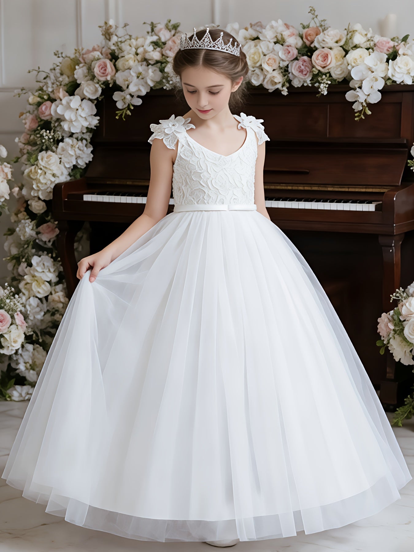 Girls Wedding Dress Strapless Mesh Princess Dress For Weddings Proms