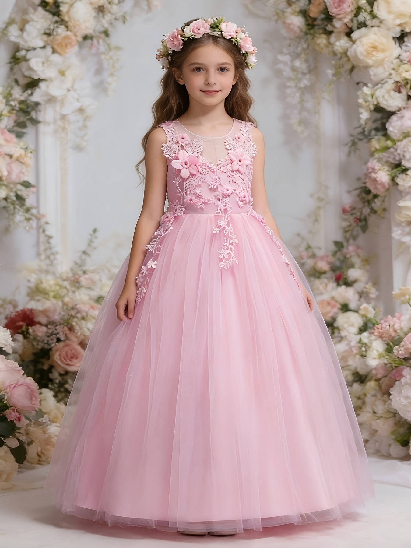 Girls Luxury Princess Dress With 3D Floral Lace Embroidery