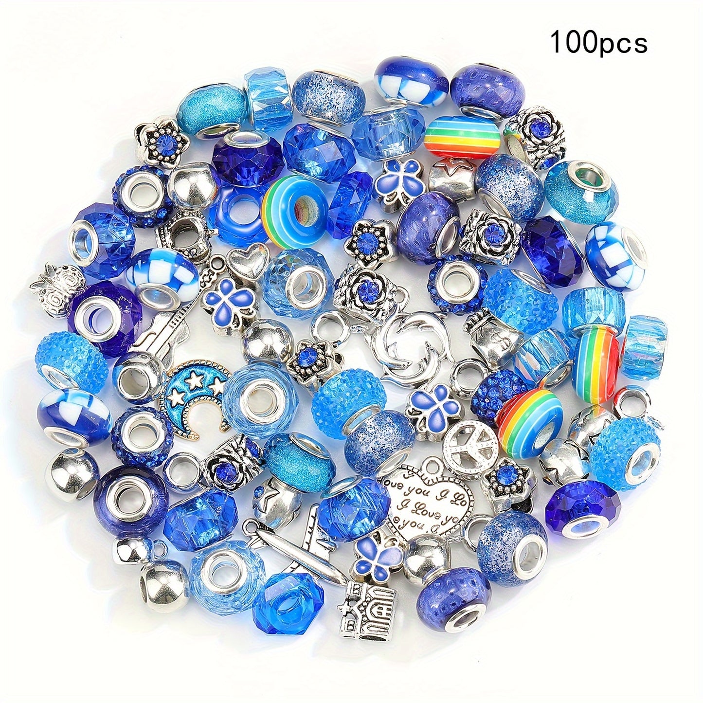 100 Pcs Large Hole Acrylic and Alloy Bead Set with Flowers Hearts Stars Bows Charms Rainbow Colors for Jewelry Making