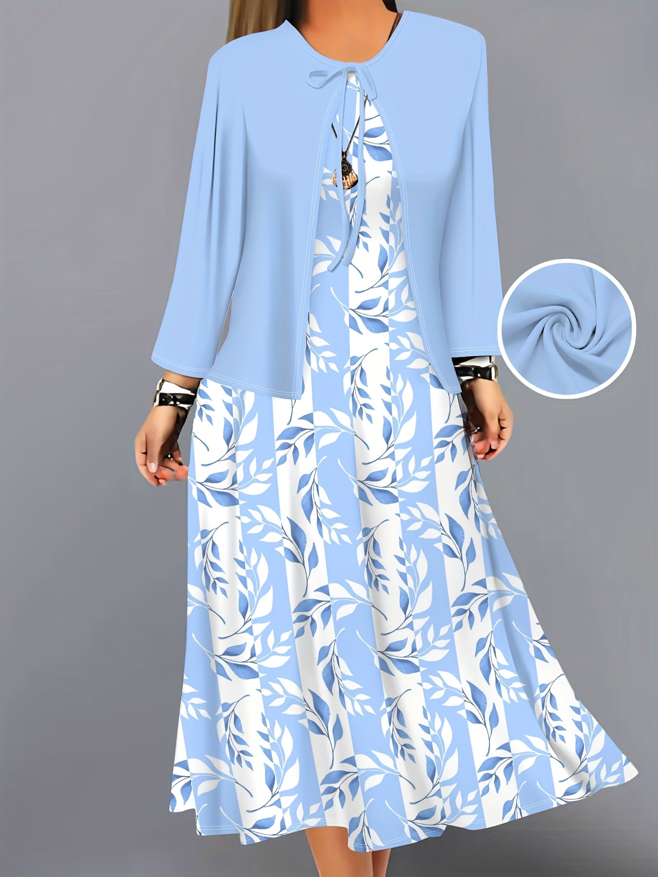 Elegant Dress Set | Drawing Pattern Print Fashion Resort Jacket Vest Long Skirt Set | Spring and Autumn Comfortable Fit Regular Casual Suit with Crew Neck and Fake Drawstring Details