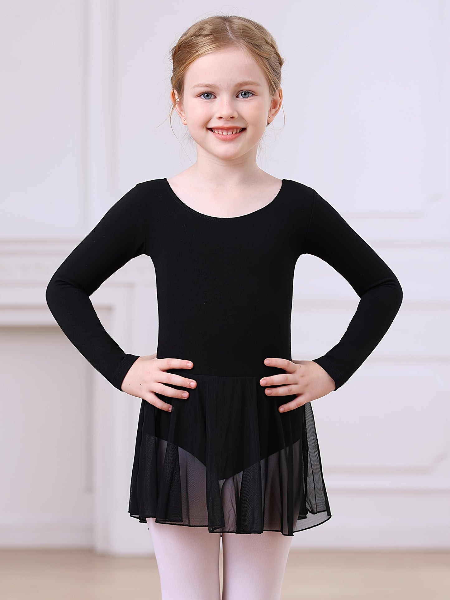 Christmas Gift Girls' Dance Dress - Long Sleeve Basic One-Piece Mesh Dress With High-Low Hem, Kids' Ballet Leotard Training Wear For Dance, Sports, Outdoor