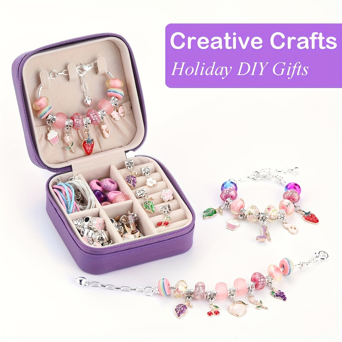 68 Piece Purple Bracelet Making Kit With Beads Heart Pendants Cupcakes Butterflies Star Buckles Elastic Ropes