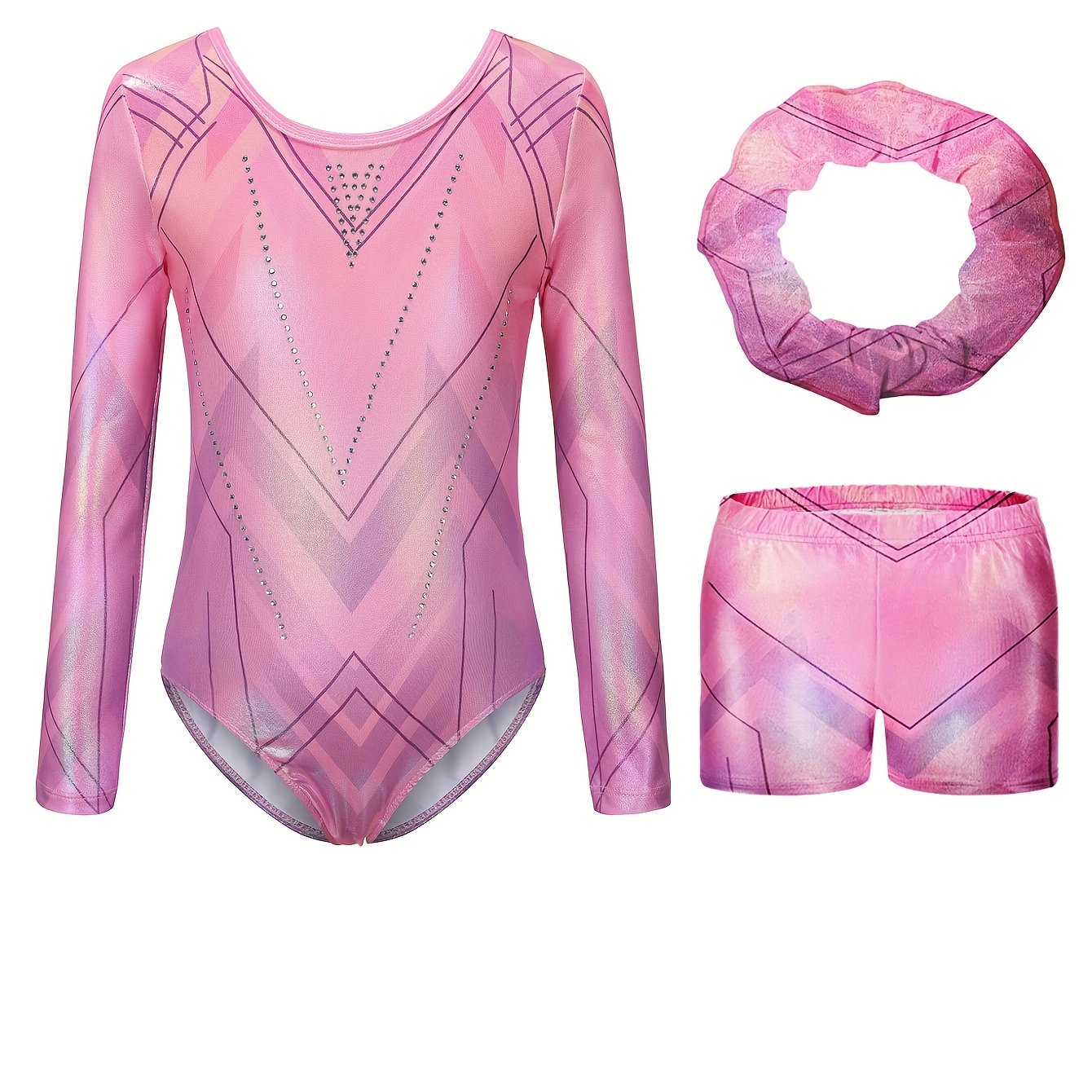 Girls' Long Sleeve Gymnastics Bodysuit with Geometric Pattern - Breathable, Washable, Stretchy Workout Outfit for Christmas, Football Parties & Sports Events, Christmas Sports Attire, Sleek Sporty Design, Stretchy Fabric