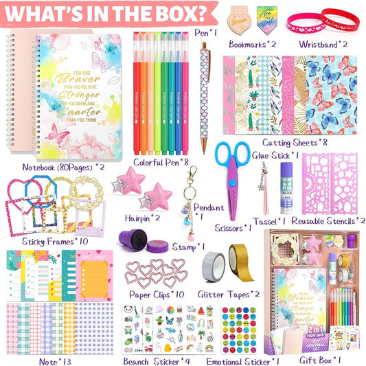 DIY Journal Kit for 8 - 14 Year Old Girls, Ideal for Birthday, 70 Pcs Art Crafts Scrapbook Diary Supplies, Trendy Toy Set