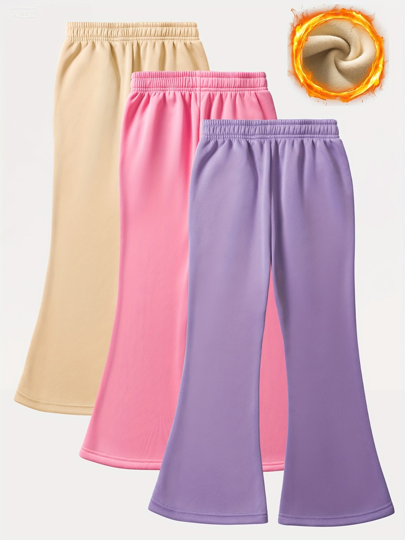 Three Piece Set Girls Flared Pants With Heart Design And Fleece Lining