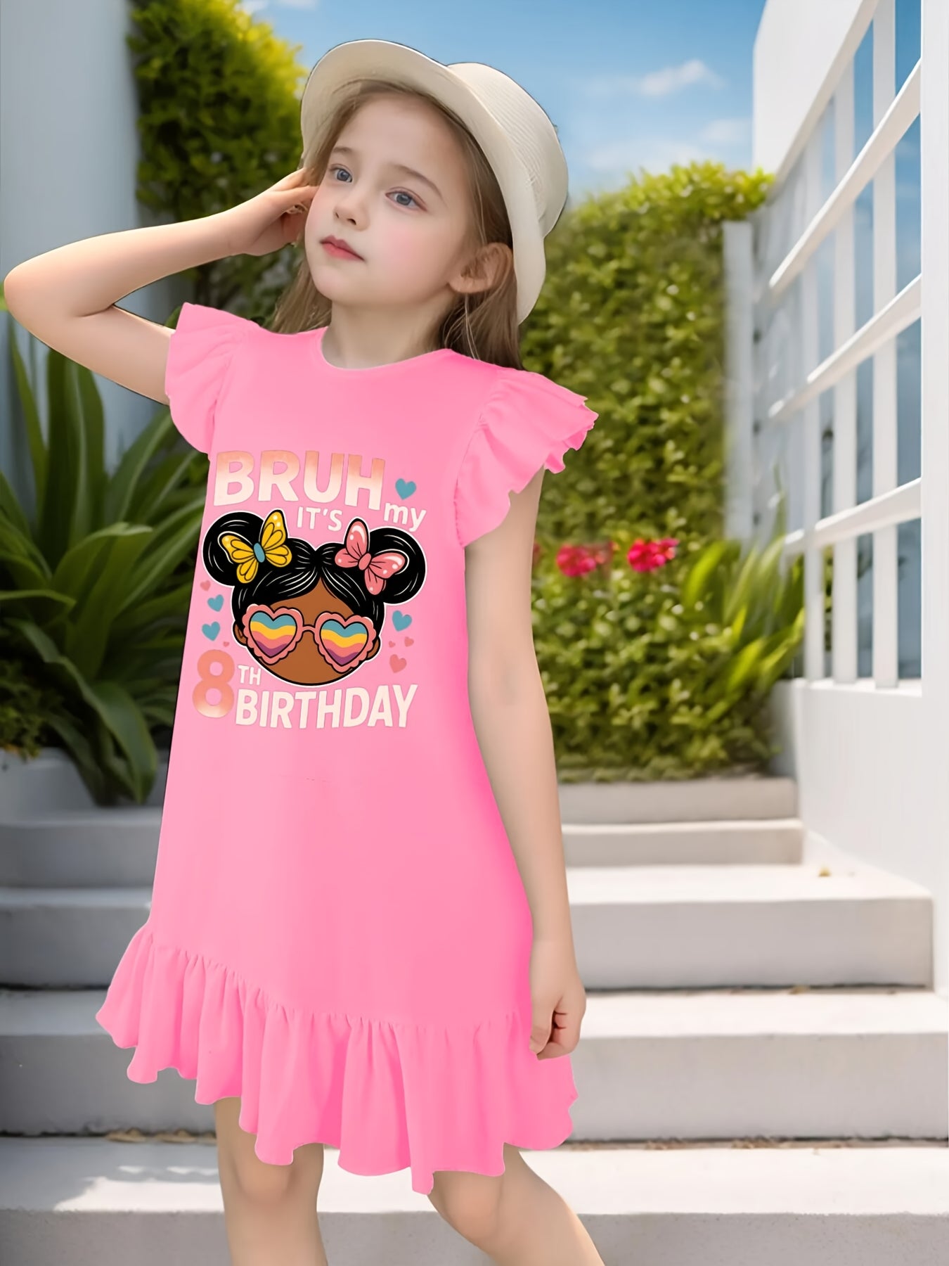 Bruh Its My 8th Birthday Messy Bun 8 Years Old Girls Dress with Flutter Sleeves - Sleeveless Dress for Girl Kid