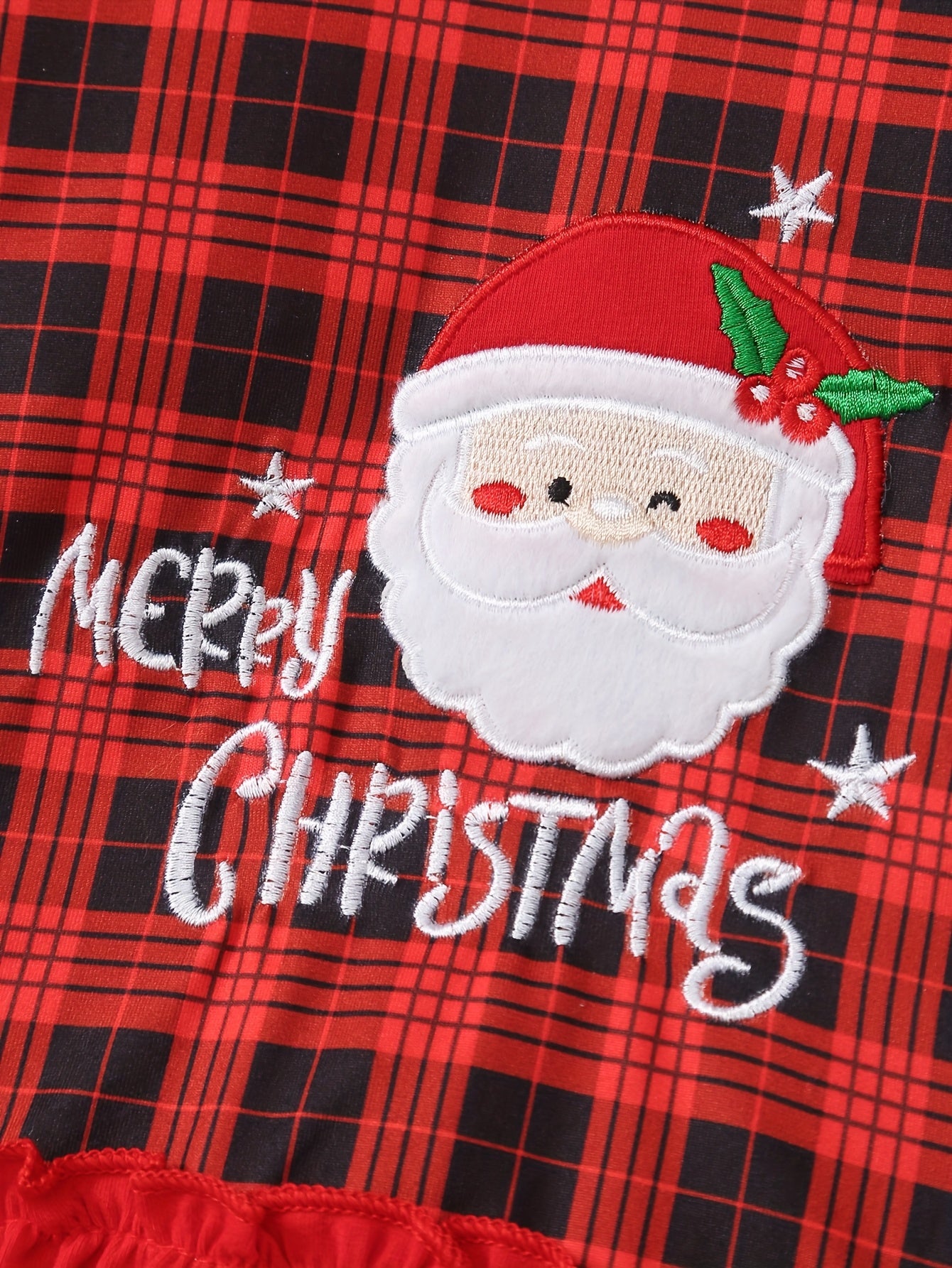 2pcs Baby 's Christmas Outfit Set - Red & Black Plaid Ruffled Sleeve Dress with Flared Bell-Bottoms & Bow Trim, Santa Claus Letter Embellished Top & Elastic Waist Pants for / (Machine Washable Holiday Party Costume), Perfect