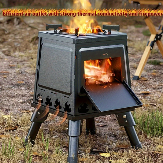 Portable Cast Iron Wood Burning Camp Stove - Heavy-Duty Outdoor Cookstove & Heater with Chimney Design, Air Vents & Sturdy Legs for Camping, Hiking, Picnic, BBQ - Firewood/Charcoal Compatible, No Electricity/Flint/Magnesium N